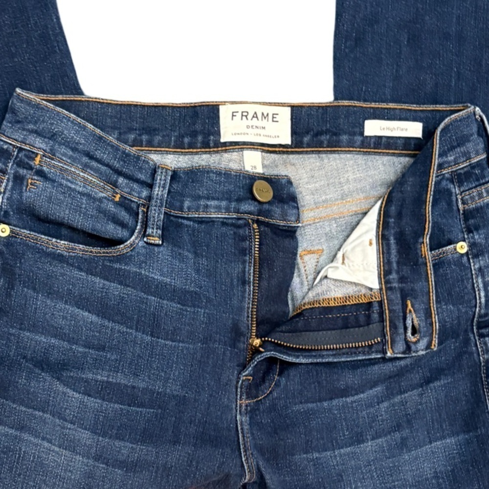 Frame Le High Flare High Rise Raw Released Fray Hem Med Blue Denim Jeans Size 28 - Picture 8 of 14